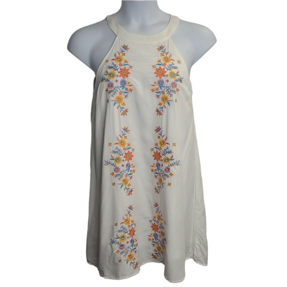 SAVANNA JANE white embroidered floral halter boho shift‎ dress M
